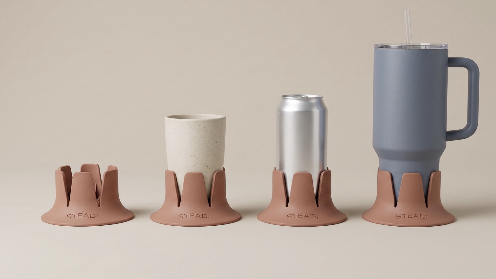 Left to right: the flexible base empty, then holding a cup, a can, and a large tumbler.