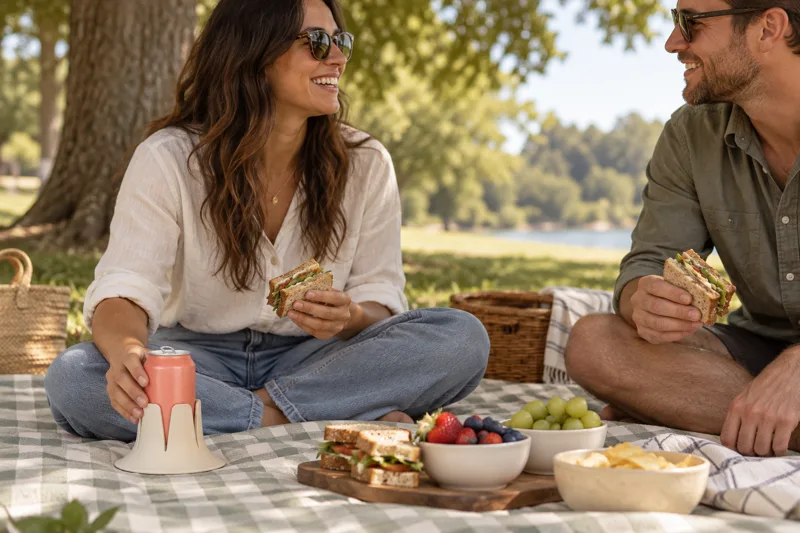 A naturally placed drink in Steadi during a park picnic. AI lifestyle illustration.