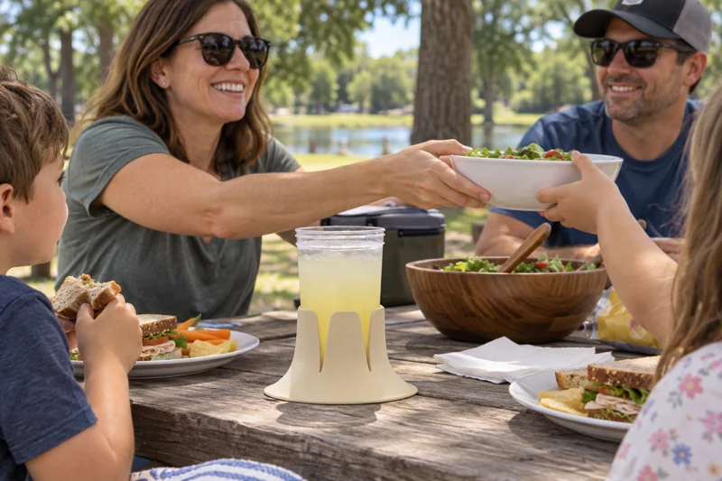 Family lunch at a wooden park picnic table with open reusable plastic lemonade cup in Steadi on level picnic tabletop within seated adult reach. AI illustration.