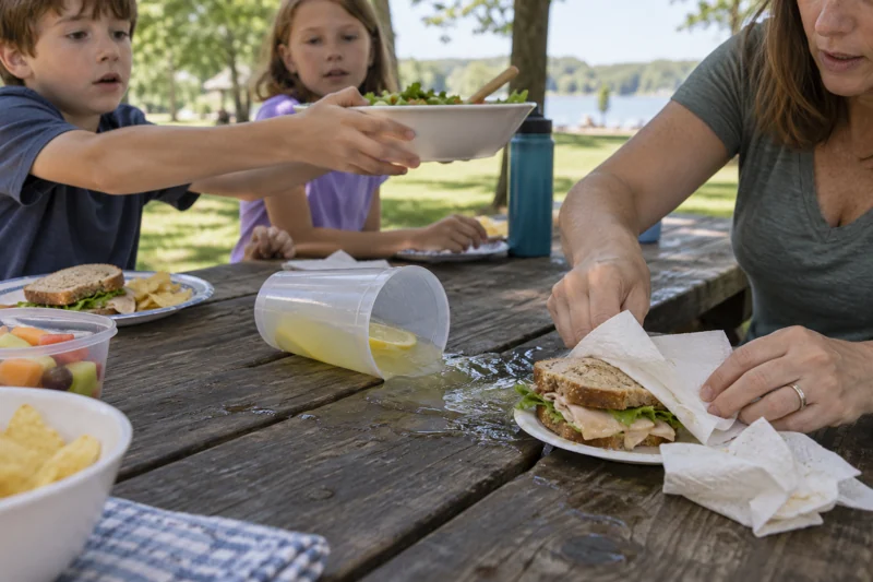 Passing food catches the cup; lemonade runs into sandwiches and paper napkins. AI illustration.